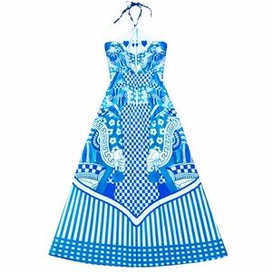 Halter Maxi Dress Mediterranean Print Cotton Dress Size M